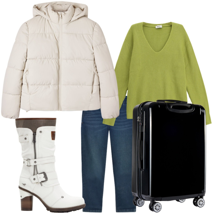 Outfit donna - Viaggio glamour. Stile Glamour per Tutti i giorni. Abbinamento con stivali, bomber, valigie, maglieria, jeans.