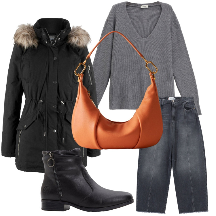 Outfit donna - Stile urban. Stile Urban per Ufficio. Abbinamento con parka, stivaletti, pantaloni a palazzo, maglieria, borse a spalla.