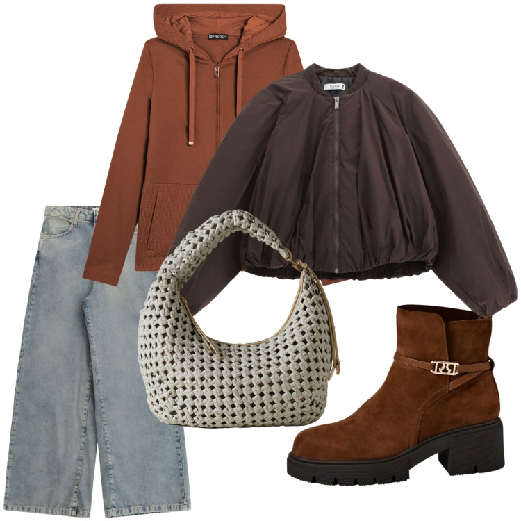 Outfit donna - Eleganza urbana. Stile Urban per Tutti i giorni. Abbinamento con cappotti, jeans, borse a spalla, stivaletti, felpe con cappuccio.