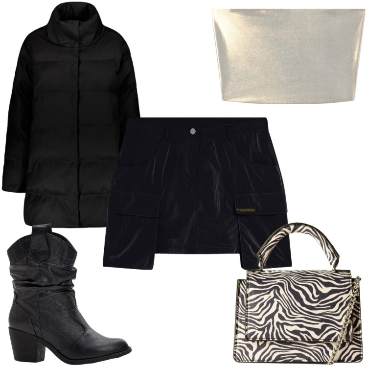 Outfit donna - Total look #2271895. Stile Trendy per Tutti i giorni. Abbinamento con stivaletti texani, top, borse a tracolla, minigonne, cappotti.