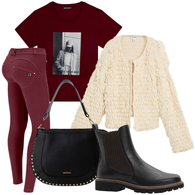 Outfit donna - Cardigan sfrangiato. Stile Minimal per Tutti i giorni. Abbinamento con stivaletti chelsea, cardigans, borse a spalla, pantaloni skinny, t-shirt.