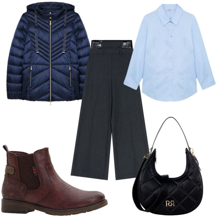 Outfit donna - Total look #2271901. Stile Casual per Tutti i giorni. Abbinamento con stivaletti chelsea, borse a tracolla, pantaloni a palazzo, camicie, piumini.