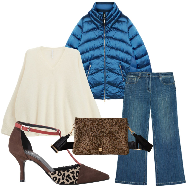 Outfit donna - Accessori iconici. Stile Glamour per Tutti i giorni. Abbinamento con décolleté, borse a tracolla, maglieria, piumini, jeans dritti.
