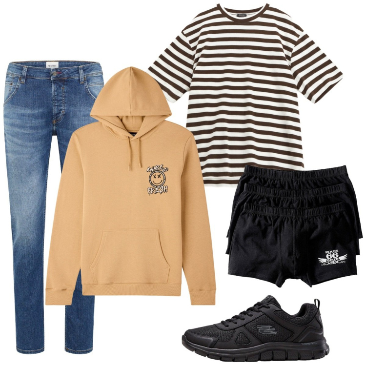 Outfit uomo - Total look #2271903. Stile Urban per Tutti i giorni. Abbinamento con boxer, sneakers, jeans dritti, felpe con cappuccio, t-shirt.