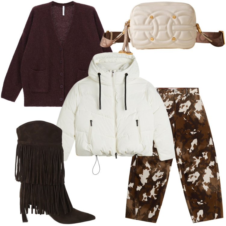 Outfit donna - Frange e maculato. Stile Glamour per Serata fuori. Abbinamento con pantaloni a palazzo, stivali, borse a tracolla, cardigans, piumini.
