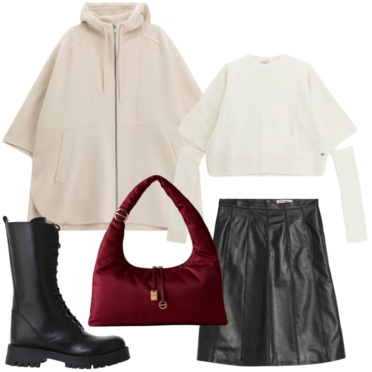 Outfit donna - Autunno in pelle. Stile Basic per Serata fuori. Abbinamento con gonne, maglieria, cappotti, stivali, borse a spalla.