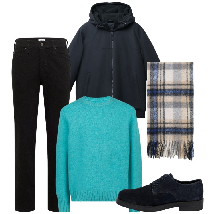 Outfit uomo - Total look #2271907. Stile Trendy per Serata speciale. Abbinamento con jeans dritti, giacche, sciarpe, scarpe stringate, maglieria.