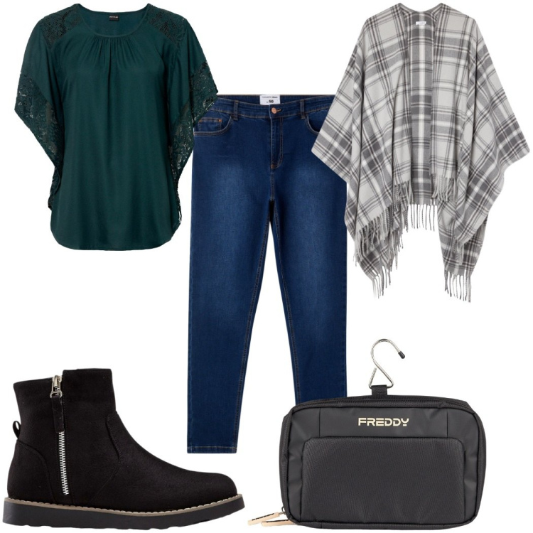 Outfit donna - Total look #2271908. Stile Casual per Tutti i giorni. Abbinamento con stivaletti, bluse, cappotti, jeans skinny, valigie.