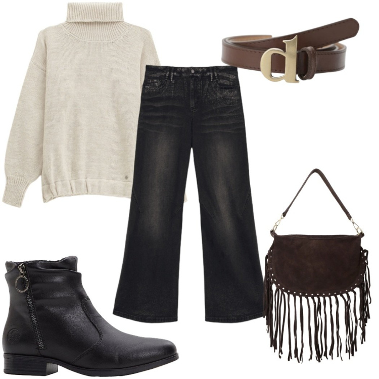 Outfit donna - Total look #2271909. Stile 70s per Tutti i giorni. Abbinamento con stivaletti, maglieria, borse a tracolla, cinture, jeans.