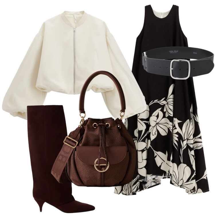 Outfit donna - Fantasie floreali. Stile Glamour per Serata fuori. Abbinamento con borse a secchiello, bomber, vestiti lunghi, cinture, stivali.