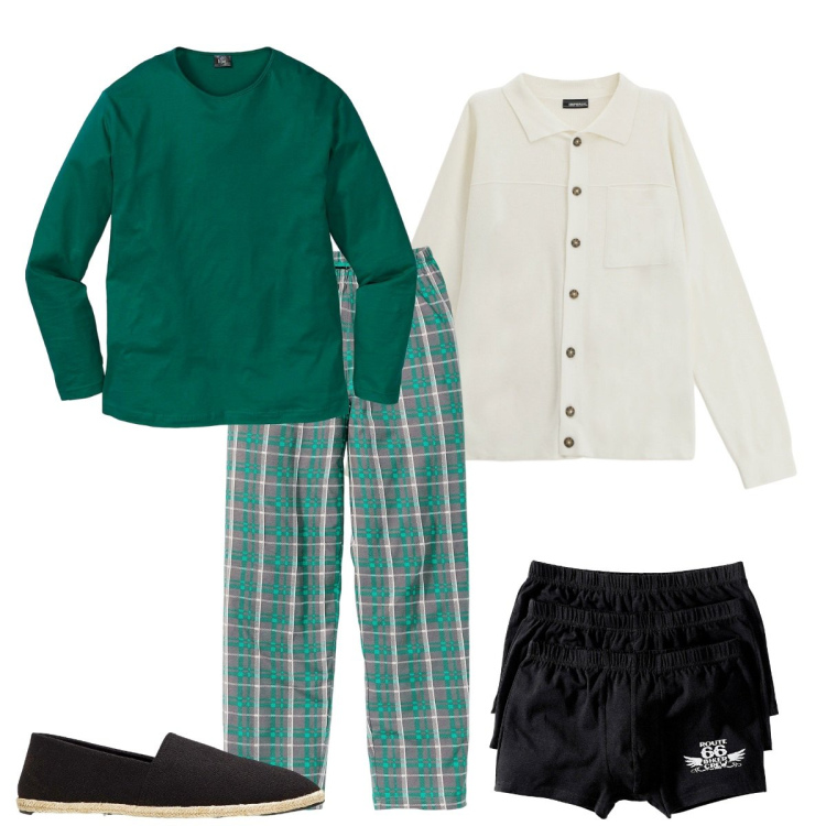 Outfit uomo - Buonanotte. Stile Urban per Tutti i giorni. Abbinamento con espadrillas, boxer, abbigliamento da notte, cardigans.