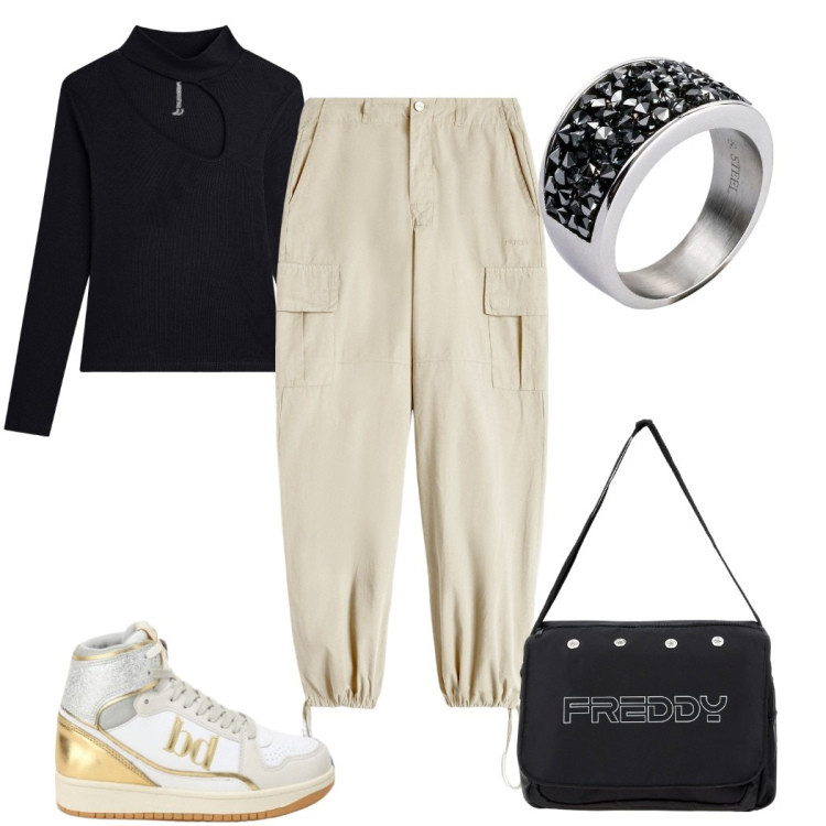 Outfit donna - Total look #2271914. Stile Urban per Tutti i giorni. Abbinamento con anelli, sneakers alte, borse messenger, pantaloni cargo, maglieria.
