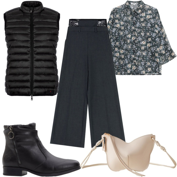 Outfit donna - Total look #2271915. Stile Basic per Tutti i giorni. Abbinamento con stivaletti, camicie, piumini, borse a tracolla, pantaloni a palazzo.
