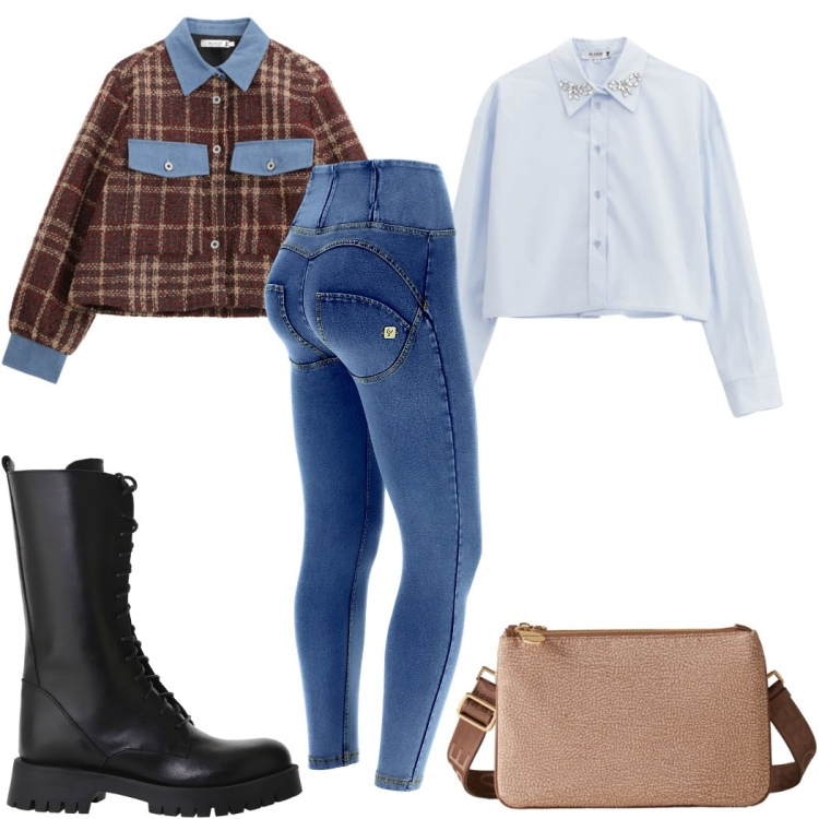 Outfit donna - Total look #2271916. Stile Basic per Tutti i giorni. Abbinamento con blazer, camicie, stivali, borse a tracolla, jeggings.