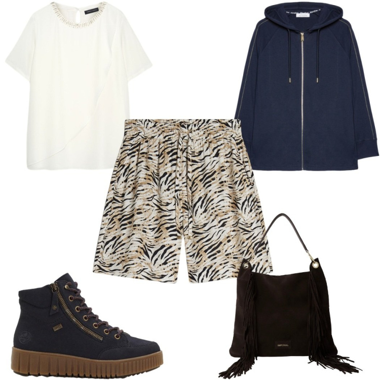 Outfit donna - Total look #2271923. Stile Basic per Tutti i giorni. Abbinamento con sneakers alte, borse a spalla, bermuda, bluse, felpe con cappuccio.
