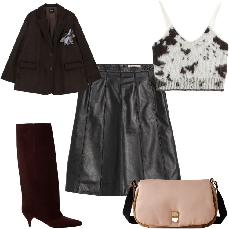 Outfit donna - Total look #2271926. Stile Trendy per Tutti i giorni. Abbinamento con gonne, stivali, blazer, borse a tracolla, top.
