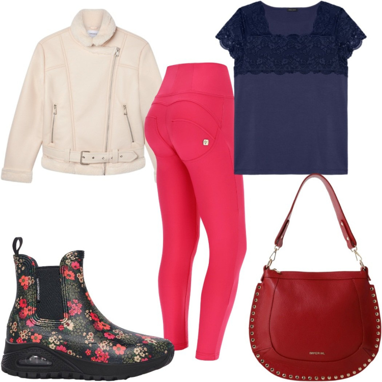 Outfit donna - Total look #2271929. Stile Trendy per Tutti i giorni. Abbinamento con stivali di gomma, bomber, borse a spalla, pantaloni skinny, bluse.