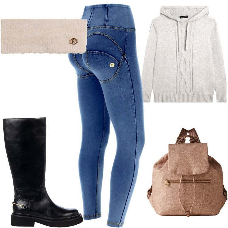 Outfit donna - Total look #2271930. Stile Basic per Tutti i giorni. Abbinamento con stivali sopra il ginocchio, maglieria, jeggings, fasce per capelli, zaini.