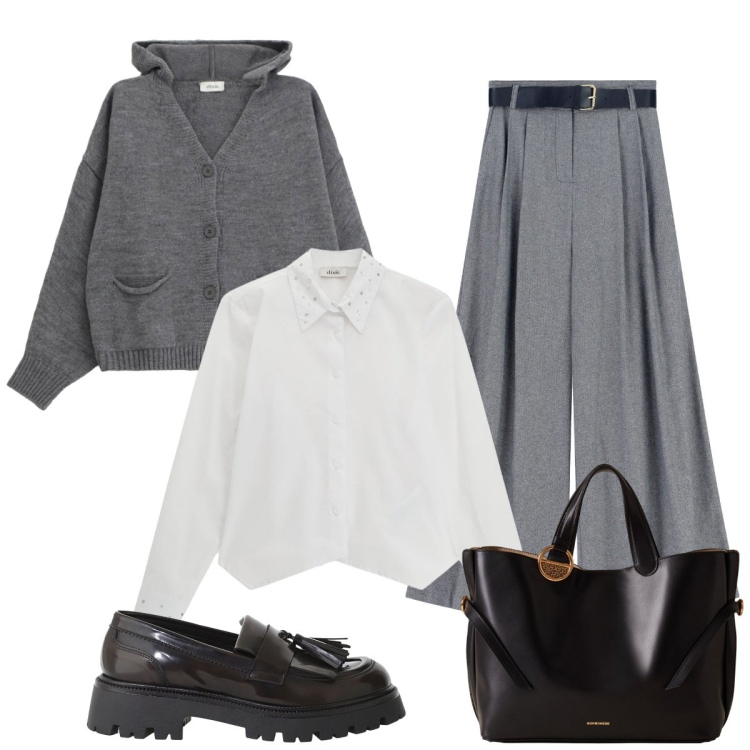 Outfit donna - Ufficio. Stile Basic per Ufficio. Abbinamento con shopping bag, mocassini, cardigans, camicie, pantaloni a palazzo.