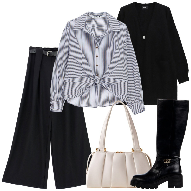 Outfit donna - Righe sottili. Stile Basic per Ufficio. Abbinamento con camicie, cardigans, pantaloni, borse a mano, stivali sopra il ginocchio.
