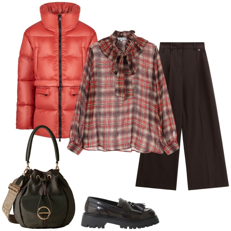 Outfit donna - Si esce. Stile Basic per Tutti i giorni. Abbinamento con bluse, mocassini, pantaloni a palazzo, piumini, borse a secchiello.