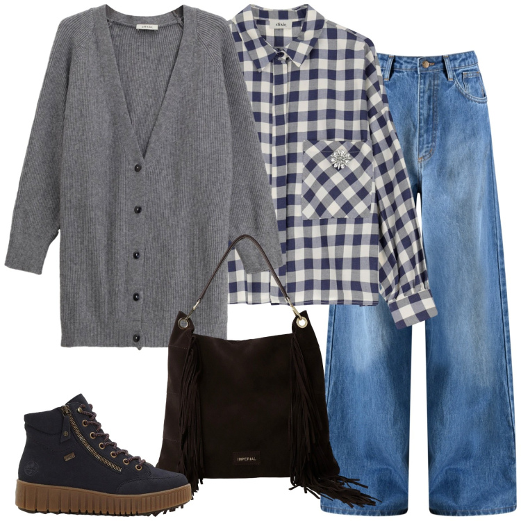 Outfit donna - Uno stile country. Stile Trendy per Tutti i giorni. Abbinamento con sneakers alte, camicie, cardigans, jeans, borse a spalla.
