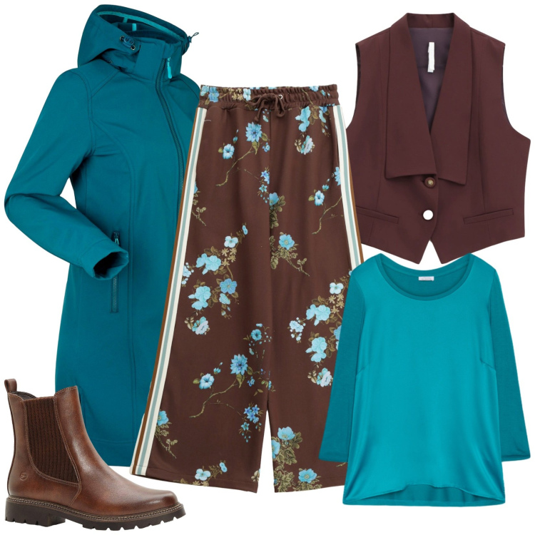 Outfit donna - Cioccolato e menta. Stile Casual chic per Tutti i giorni. Abbinamento con stivaletti, blazer, bluse, gilet, pantaloni sportivi.