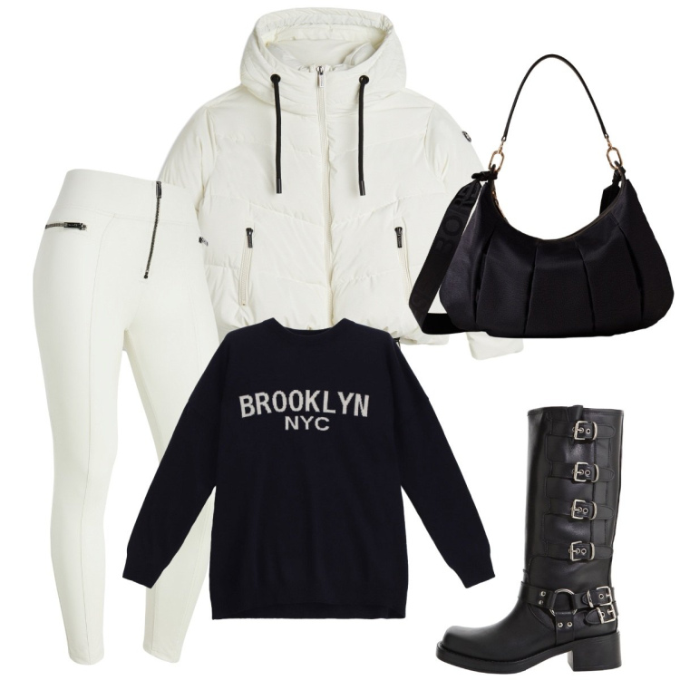 Outfit donna - Black & White. Stile Basic per Scuola/Università. Abbinamento con pantaloni skinny, piumini, stivali, maglieria, borse a spalla.