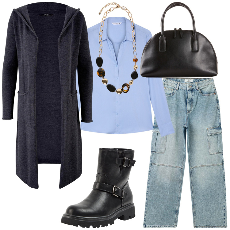 Outfit donna - Total look #2271939. Stile Casual per Tutti i giorni. Abbinamento con cardigans, shopping bag, jeans, stivaletti, camicie, collane.
