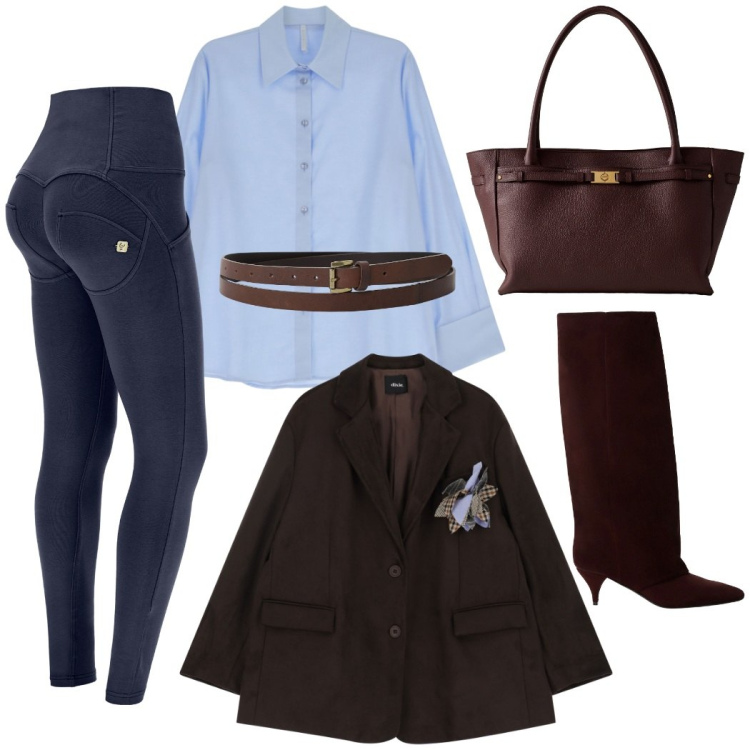 Outfit donna - In città. Stile Casual chic per Tutti i giorni. Abbinamento con stivali, cinture, blazer, shopping bag, camicie, pantaloni skinny.