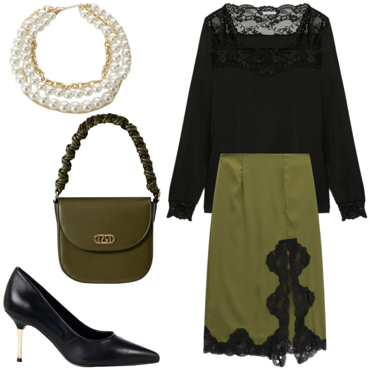 Outfit donna - Dettagli in pizzo. Stile Chic per Serata fuori. Abbinamento con collane, gonne longuette, décolleté, borse a mano, bluse.