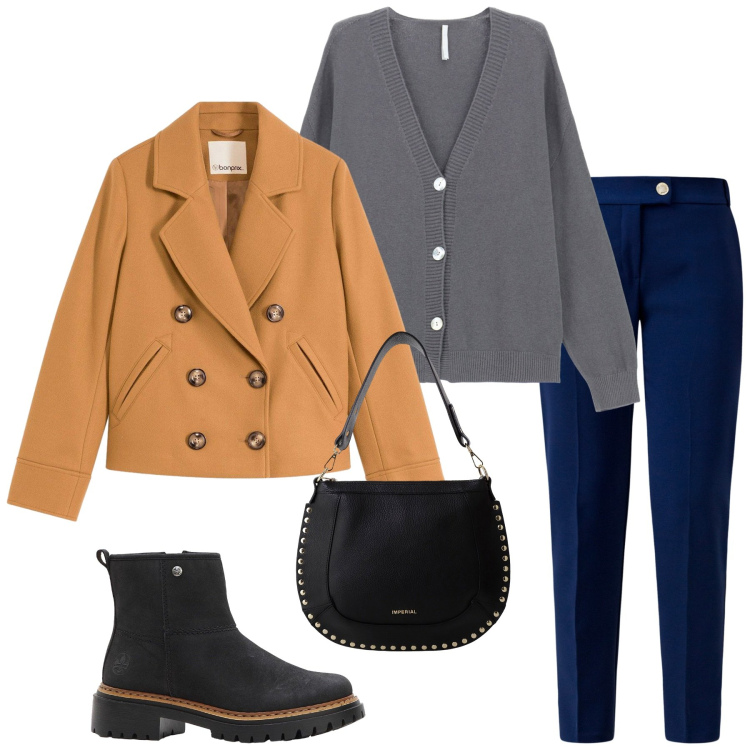 Outfit donna - Un tocco di senape. Stile Minimal per Ufficio. Abbinamento con caban, stivaletti, pantaloni, cardigans, borse a spalla.