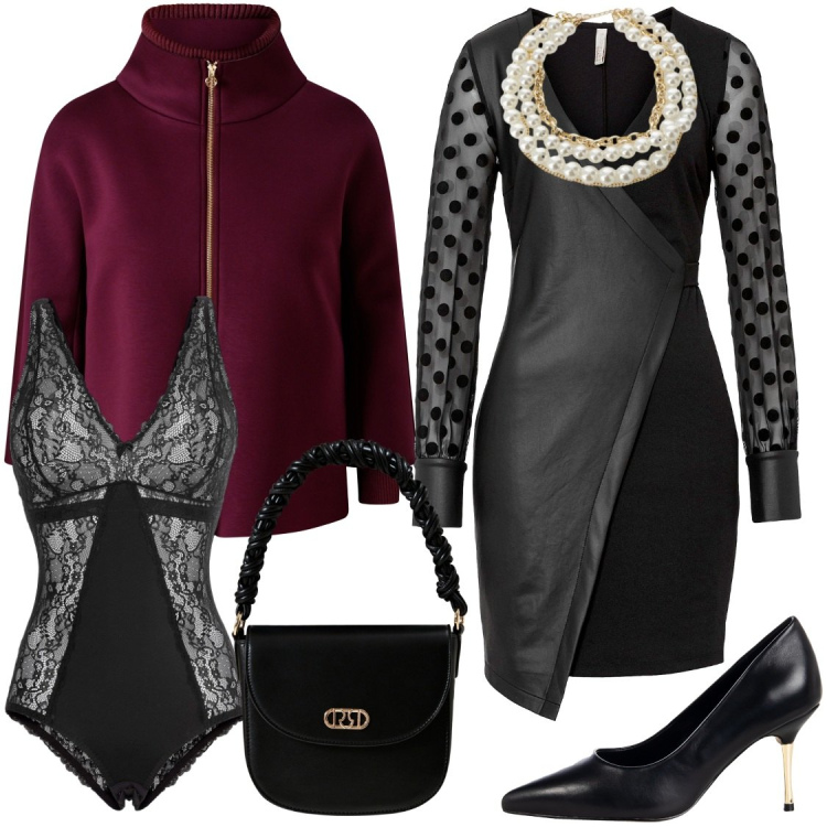 Outfit donna - Un dettaglio di colore. Stile Chic per Serata fuori. look ideale per Tall. Abbinamento con vestiti, body, cappe, décolleté, borse a mano, collane.