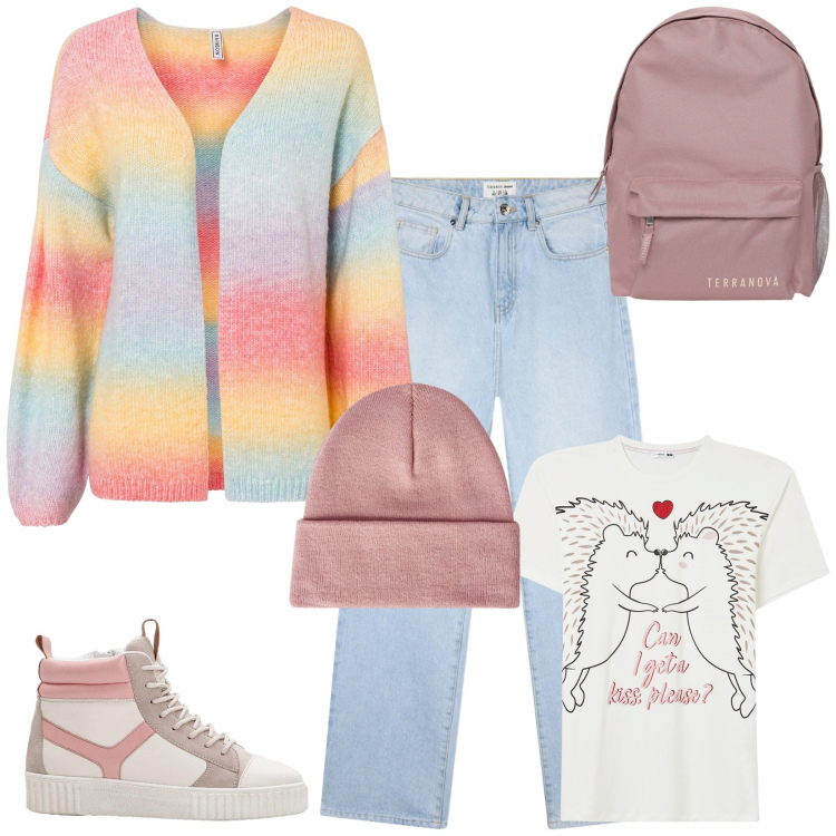 Outfit donna - la primavera in autunno. Stile Romantica per Tutti i giorni. Abbinamento con cardigans, sneakers alte, zaini, jeans dritti, berretti, pigiama.