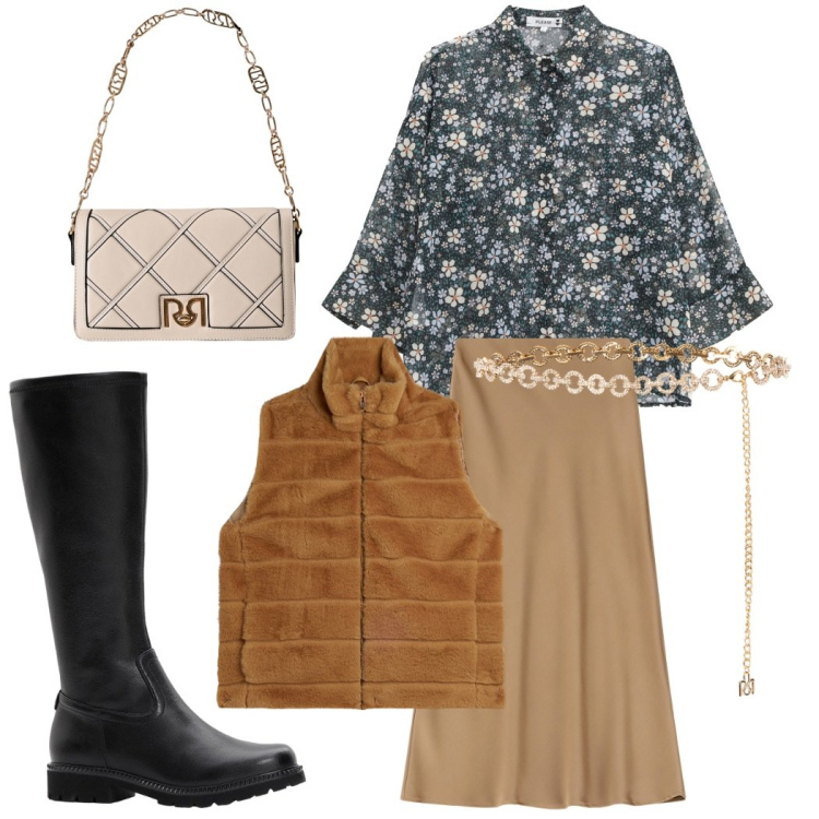 Outfit donna - Total look #2271951. Stile Casual chic per Tutti i giorni. Abbinamento con stivali, camicie, gonne lunghe, borse a tracolla, cinture, gilet.