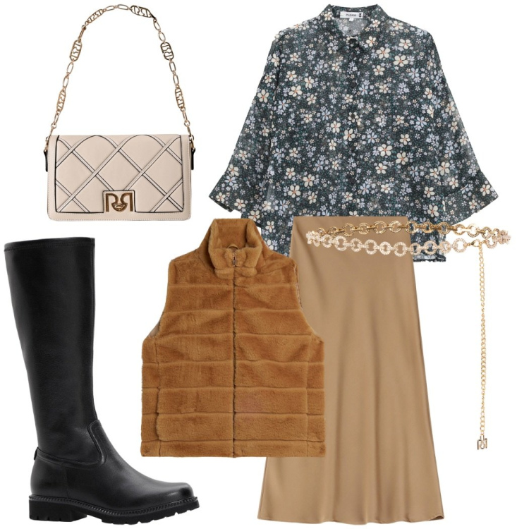 Outfit donna - Total look #2271952. Stile Casual chic per Tutti i giorni. Abbinamento con stivali, camicie, gonne lunghe, borse a tracolla, cinture, gilet.