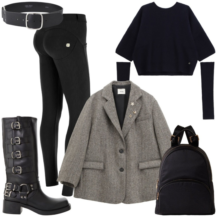 Outfit donna - Urban style. Stile Trendy per Ufficio. Abbinamento con maglieria, blazer, stivali, cinture, pantaloni skinny, zaini.