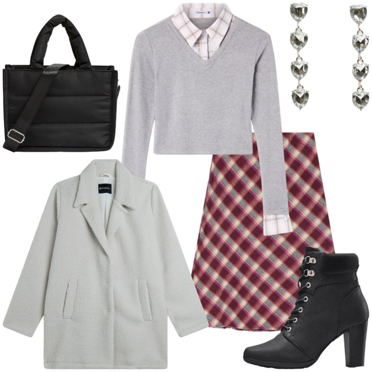 Outfit donna - Preppy style. Stile Preppy per Scuola/Università. Abbinamento con stivaletti, shopping bag, orecchini, maglieria, gonne, cappotti.