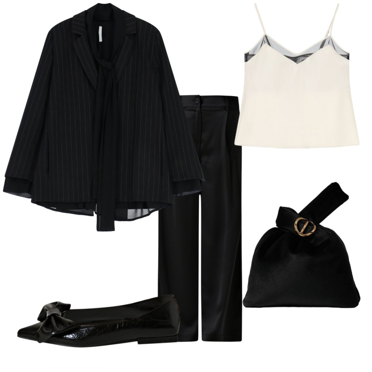 Outfit donna - Blazer gessato. Stile Chic per Cerimonia. Abbinamento con pantaloni, ballerine, blazer, top, borse a mano.