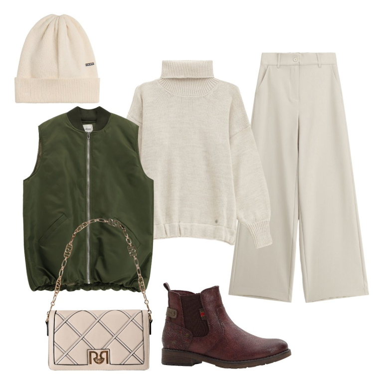 Outfit donna - In città. Stile Casual chic per Tutti i giorni. Abbinamento con stivaletti chelsea, maglieria, piumini, borse a tracolla, pantaloni a palazzo, berretti.