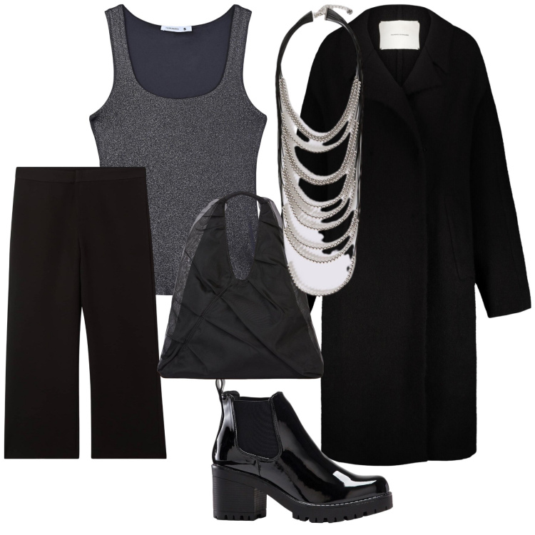 Outfit donna - Black Halloween night. Stile Urban per Serata fuori. Abbinamento con stivaletti, pantaloni, top, shopping bag, cappotti, collane.
