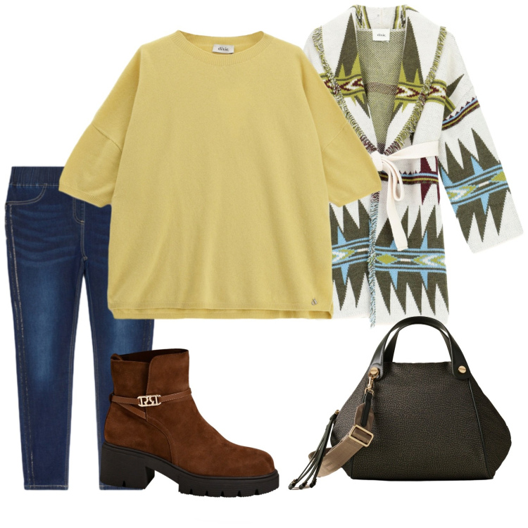Outfit donna - Un tocco senape. Stile Casual per Tutti i giorni. Abbinamento con cardigans, maglieria, borse a mano, stivaletti, jeggings.