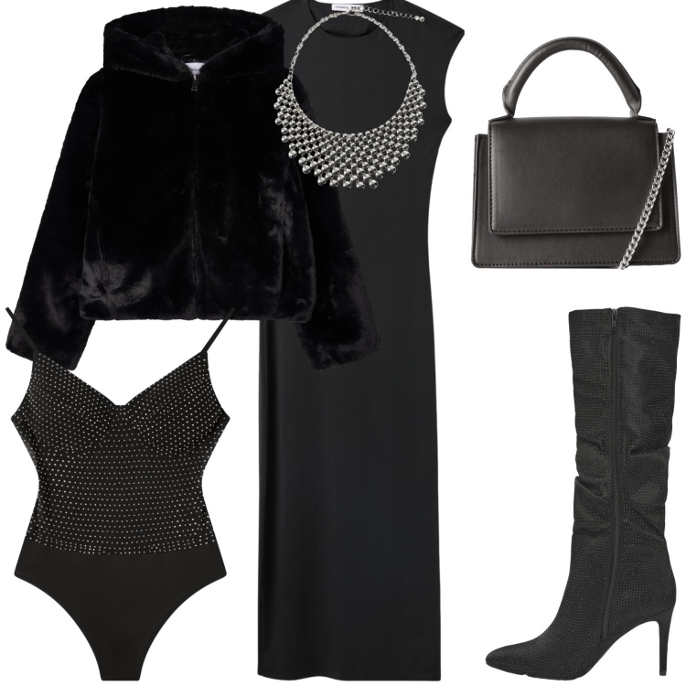 Outfit donna - Sabato sera ad una festa. Stile Glamour per Serata fuori. Abbinamento con ecopellicce, vestiti midi/longuette, borse a tracolla, stivali, body, collane.