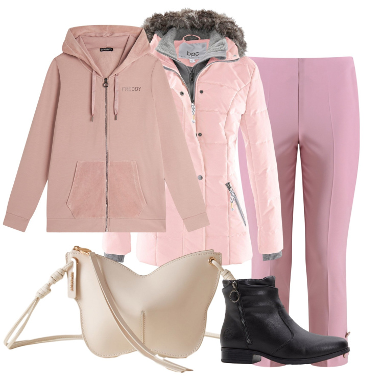 Outfit donna - Pink october. Stile Casual per Tutti i giorni. Abbinamento con piumini, stivaletti, borse a tracolla, pantaloni skinny, felpe con cappuccio.