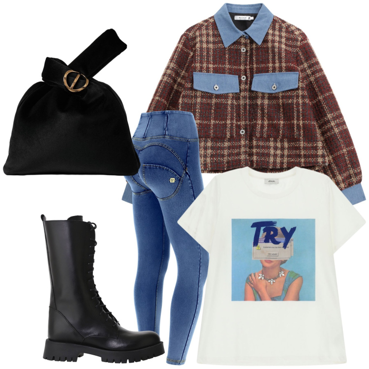 Outfit donna - Sabato in libertà. Stile Casual per Tutti i giorni. Abbinamento con blazer, t-shirt, stivali, jeggings, borse a mano.