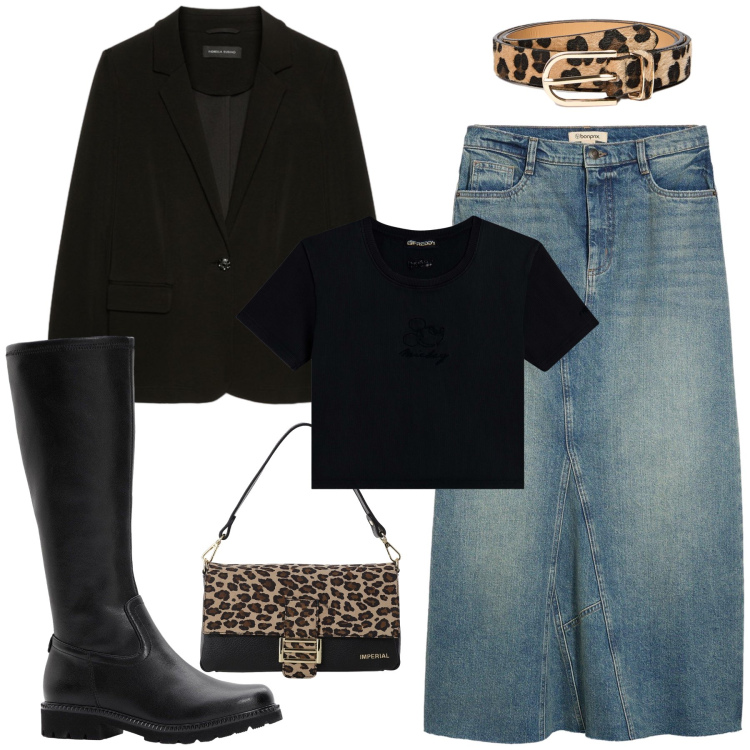 Outfit donna - Un tocco leopardato. Stile Casual chic per Tutti i giorni. Abbinamento con gonne, stivali, borse a spalla, t-shirt, cinture, blazer.