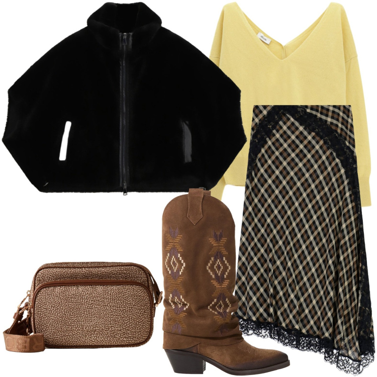 Outfit donna - Moda pratica. Stile Glamour per Ufficio. Abbinamento con stivali, maglieria, blazer, gonne lunghe, borse a tracolla.