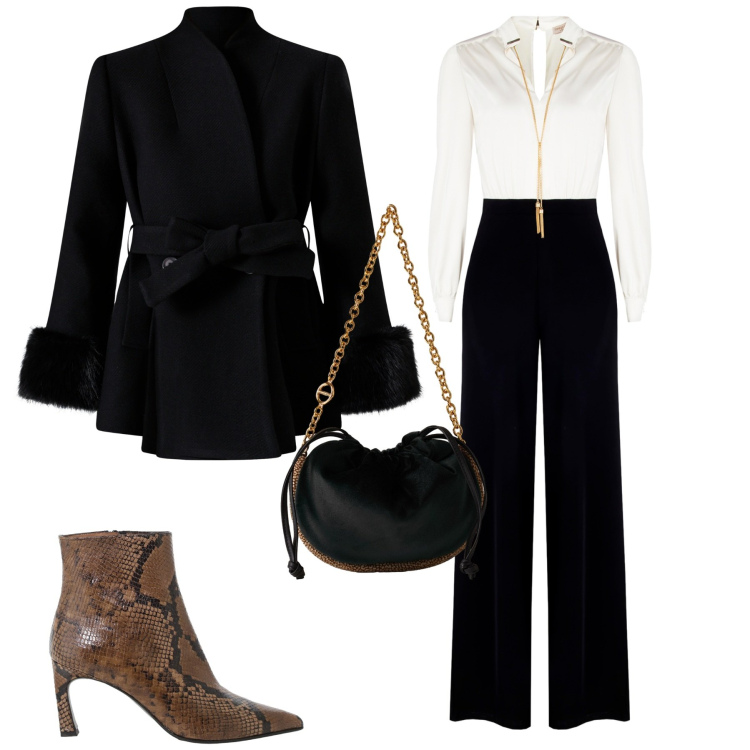 Outfit donna - Occasione. Stile Glamour per Serata fuori. Abbinamento con tute, cappotti, stivaletti, borse a spalla.