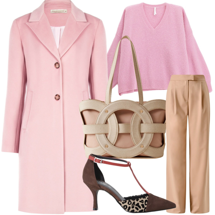 Outfit donna - Il cappotto confetto. Stile Chic per Ufficio. Abbinamento con pantaloni, cappotti, maglieria, décolleté, shopping bag.
