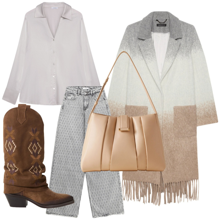 Outfit donna - Frange stilose. Stile Glamour per Ufficio. Abbinamento con jeans, stivali, borse a spalla, cappotti, camicie.